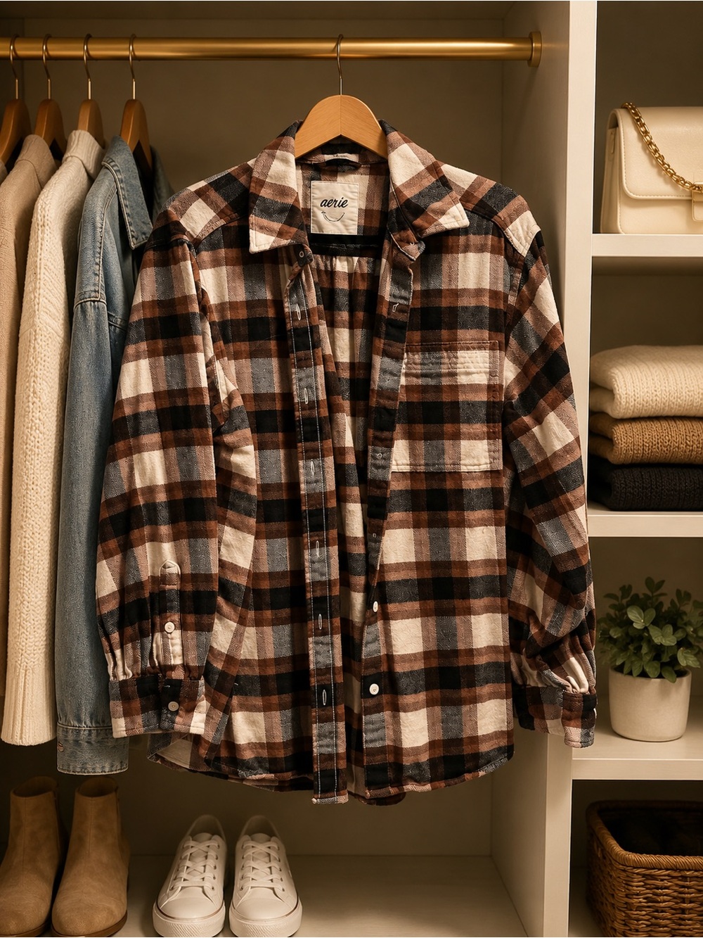 aerie Brown and Black Plaid Flannel Button-Down Shirt